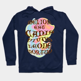 Melior est canis vivus leone mortuo' meaning a living dog is better than a dead lion Gothic letters with a bas-relief effect on the background of a colorful stain Hoodie